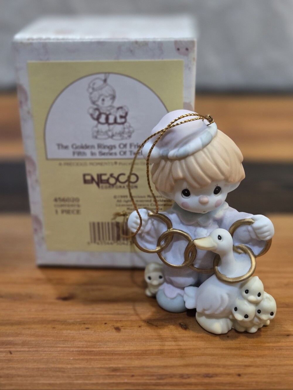 Enesco Porcelain Boy Ornament with Duck and Gold Rings - White, Cream, Gold